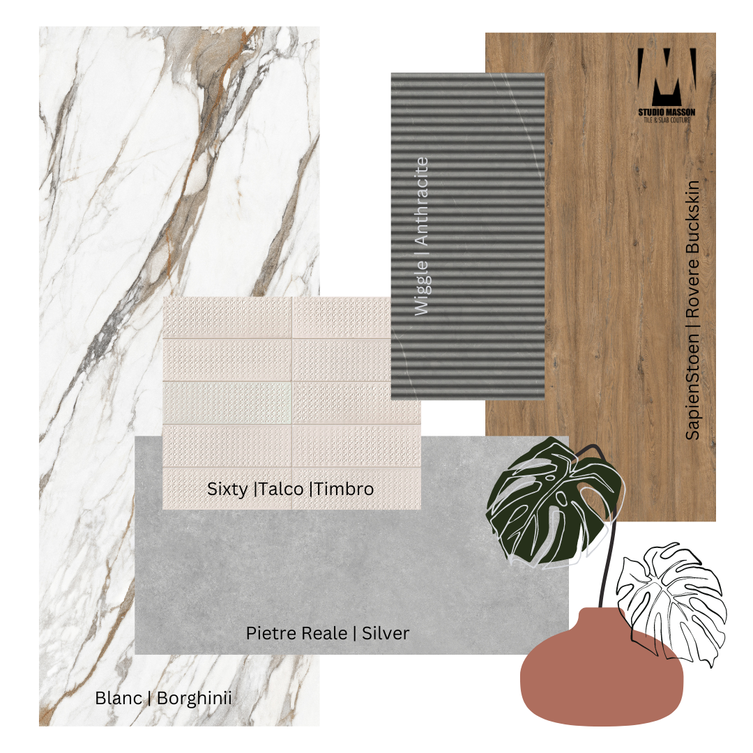 Inspiration board with bold Marble porcelain slabs
